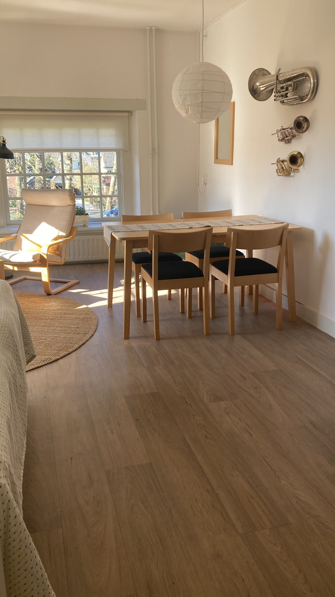 Zonnig appartement met houten vloer, eettafel en blaasinstrumenten aan de wand